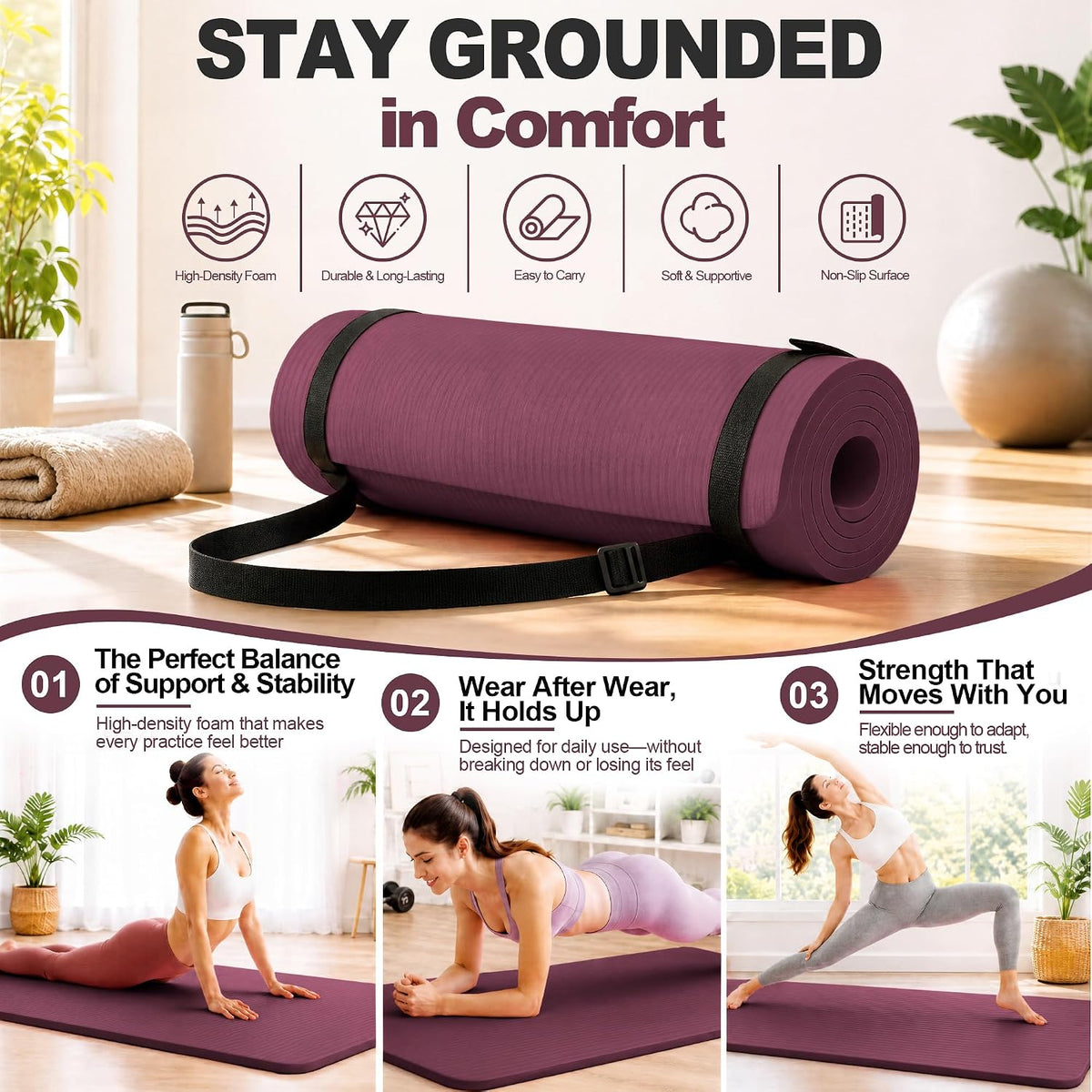 High‑Density Non‑Slip Yoga Mat with Carrying Strap