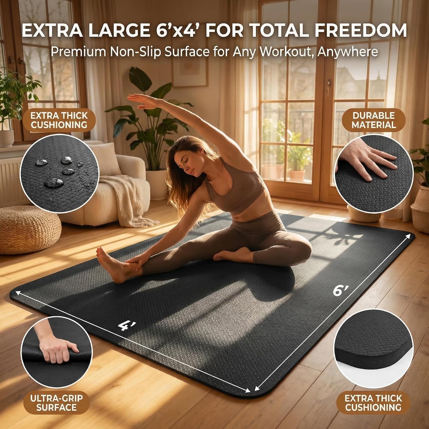 6'x4' TPE Extra‑Wide Non‑Slip Large Yoga Mat