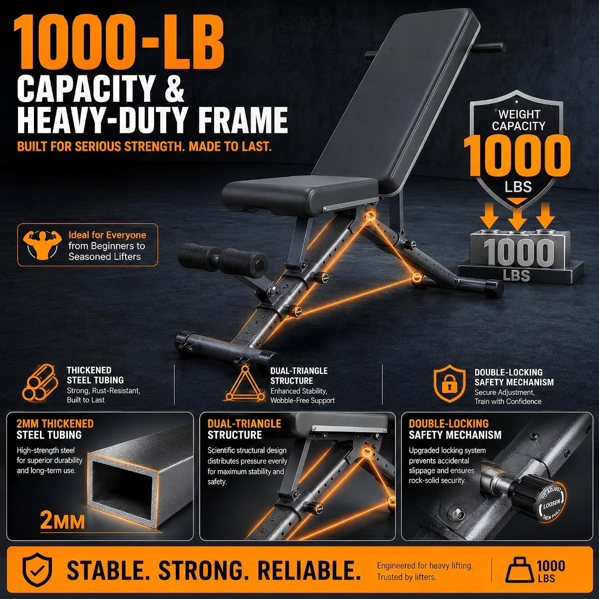 Foldable Adjustable Weight Bench‑1000/1300 LBS